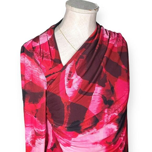 ELOQUII Abstract Ruched Mesh Mini Dress Stretch Knit Cocktail Red Pink Sexy 14 - Picture 4 of 13